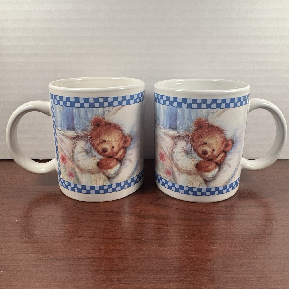 Vintage Hallmark Gourmet Gifts Sleepy Teddy Bear Coffee Mug Set of 2 1834P1